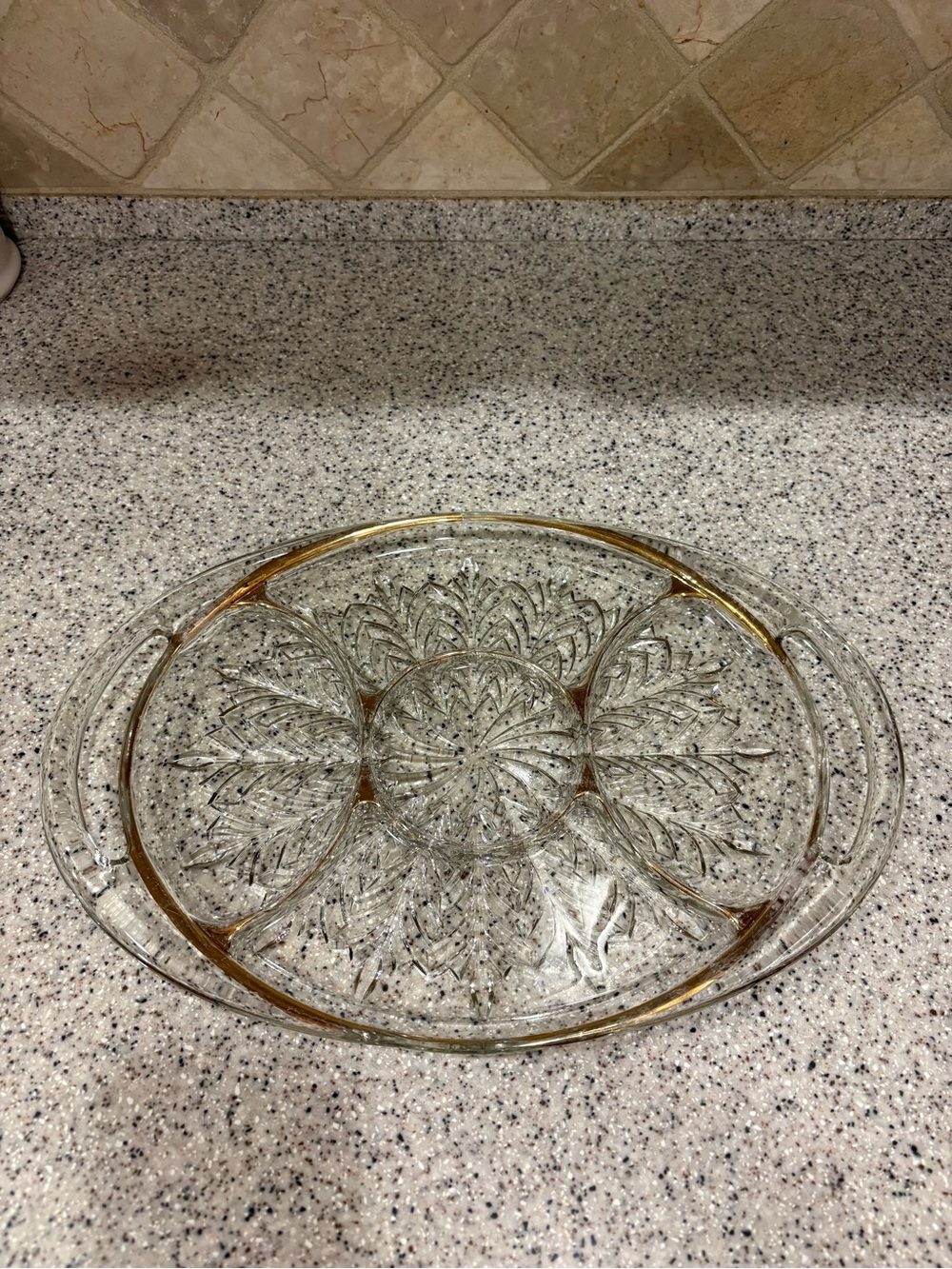 Vintage 5-section glass serving tray is likely a 1950s Jeannette